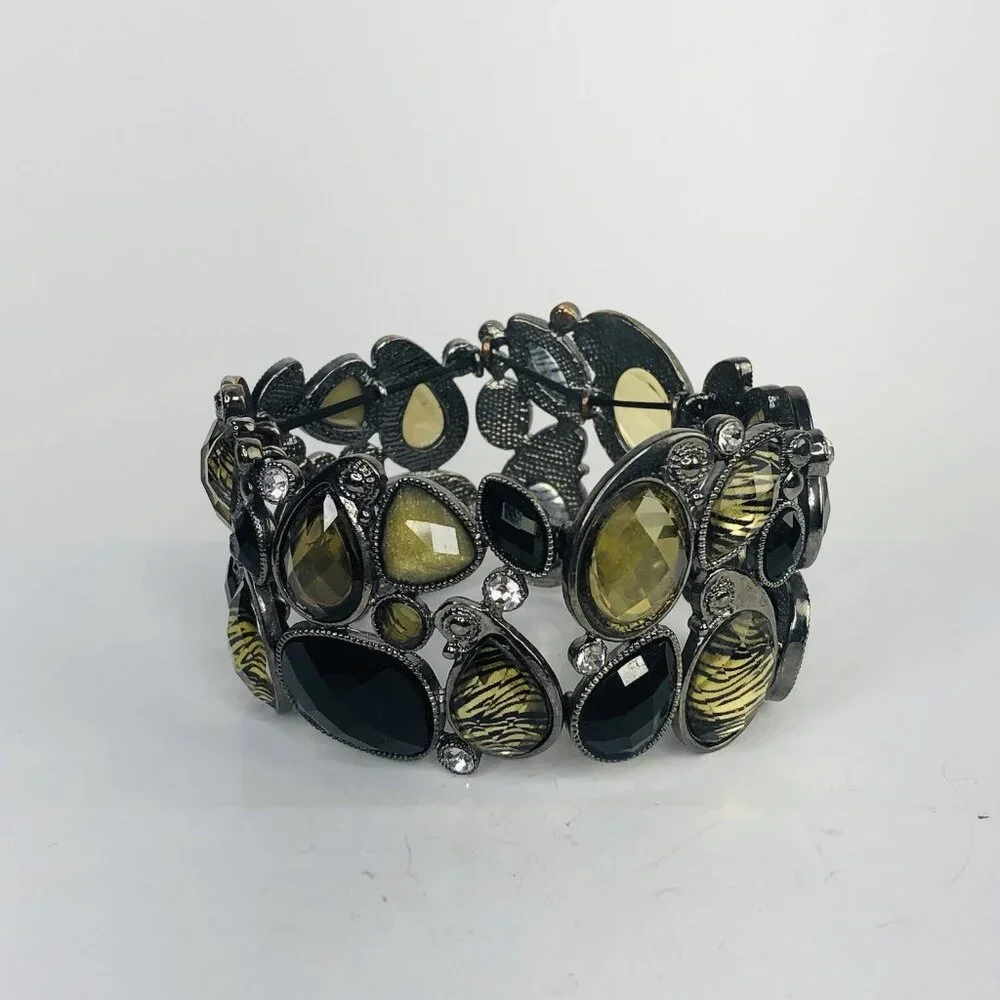Lia Sophia Y2K Stretch Cuff Bracelet Crystals Cabochons Black Honey Gold Stones
